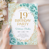 Invitation Fleurs 19e Anniversaire Turquoise Or