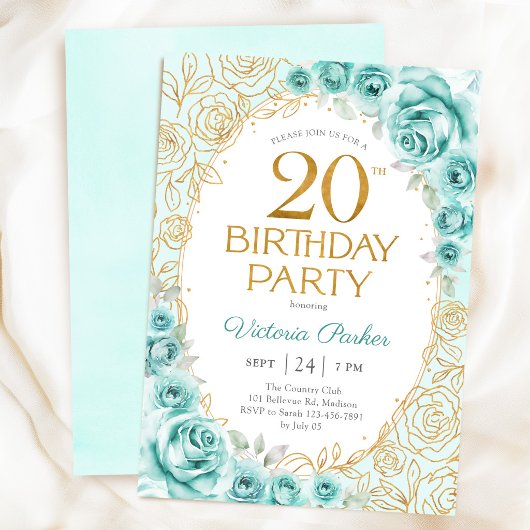Invitation Fleurs 20e Anniversaire Turquoise Or