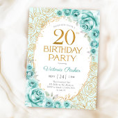 Invitation Fleurs 20e Anniversaire Turquoise Or