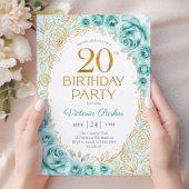 Invitation Fleurs 20e Anniversaire Turquoise Or