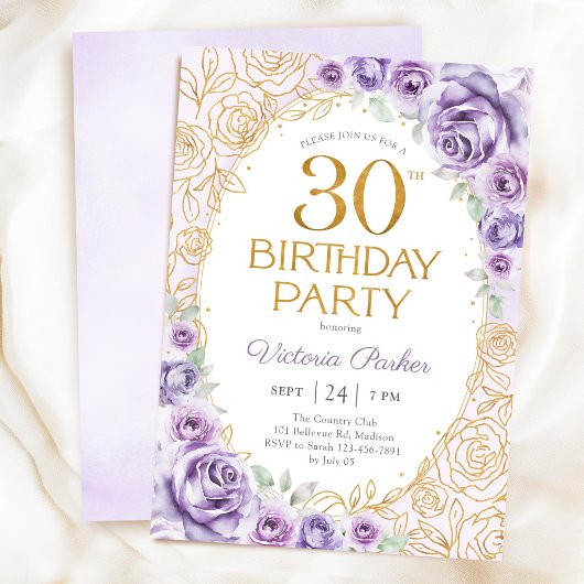 Invitation Fleurs 30 ans Anniversaire Lilas Violet Or