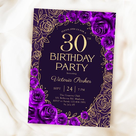 Invitation Fleurs 30 ans Anniversaire Violet Or