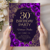Invitation Fleurs 30 ans Anniversaire Violet Or