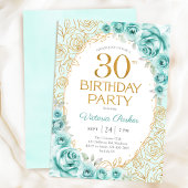 Invitation Fleurs 30e Anniversaire Turquoise Or