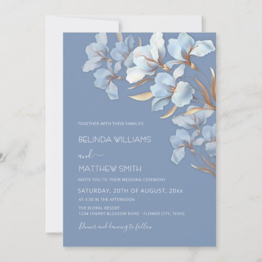 Invitation Fleurs 3D Bleu Or (Devant)