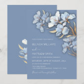 Invitation Fleurs 3D Bleu Or  (Devant / Derrière)