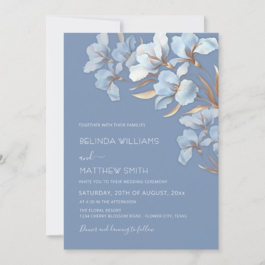 Invitation Fleurs 3D Bleu Or (Devant)