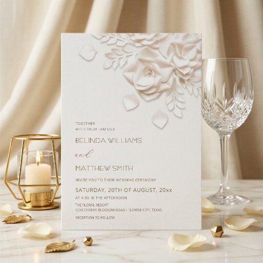 Invitation Fleurs 3D Crème Roses Mariage Simple