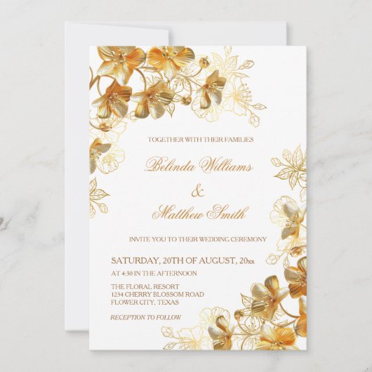 Invitation Fleurs 3D Or Blanc (Devant)