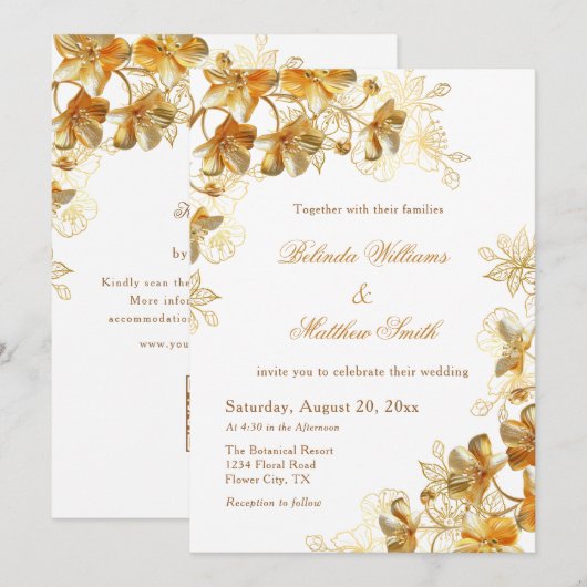 Invitation Fleurs 3D Or Blanc (Devant / Derrière)