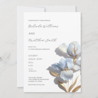 Invitation Fleurs 3D Or Bleu Blanc