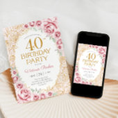 Invitation Fleurs 40e Anniversaire Rose Pâle Or