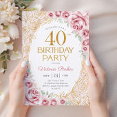 Invitation Fleurs 40e Anniversaire Rose Pâle Or