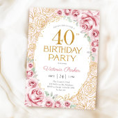 Invitation Fleurs 40e Anniversaire Rose Pâle Or