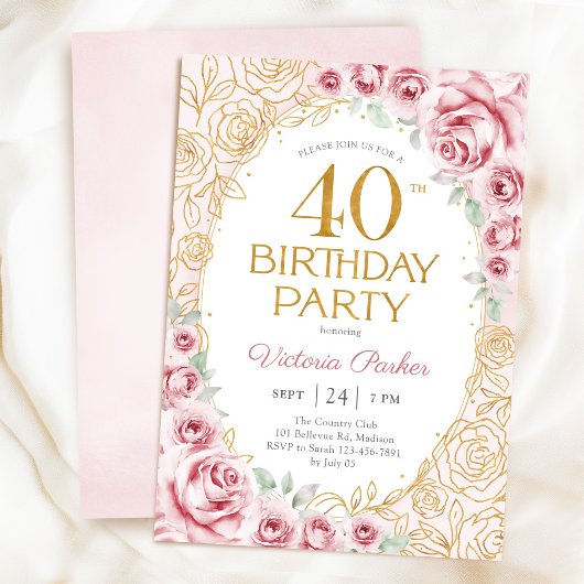 Invitation Fleurs 40e Anniversaire Rose Pâle Or