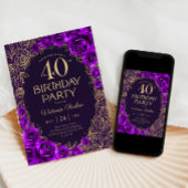 Invitation Fleurs 40e Anniversaire Violet Or
