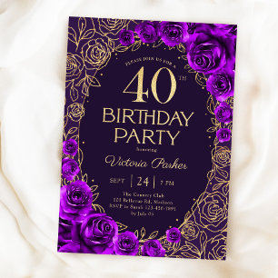 Invitation Fleurs 40e Anniversaire Violet Or