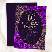 Invitation Fleurs 40e Anniversaire Violet Or