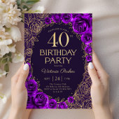 Invitation Fleurs 40e Anniversaire Violet Or