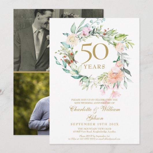 Invitation Fleurs 50e anniversaire de mariage doré 2 Photo (Devant / Derrière)