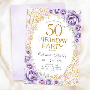 Invitation Fleurs 50e Anniversaire Lilas Violet Or