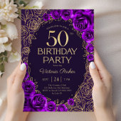 Invitation Fleurs 50e Anniversaire Violet Or