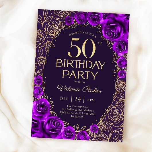 Invitation Fleurs 50e Anniversaire Violet Or