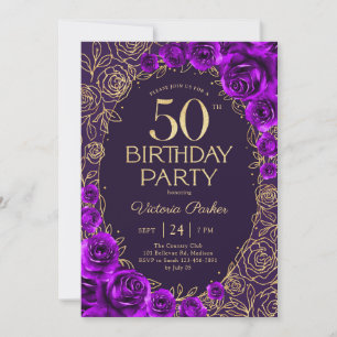 Invitation Fleurs 50e Anniversaire Violet Or