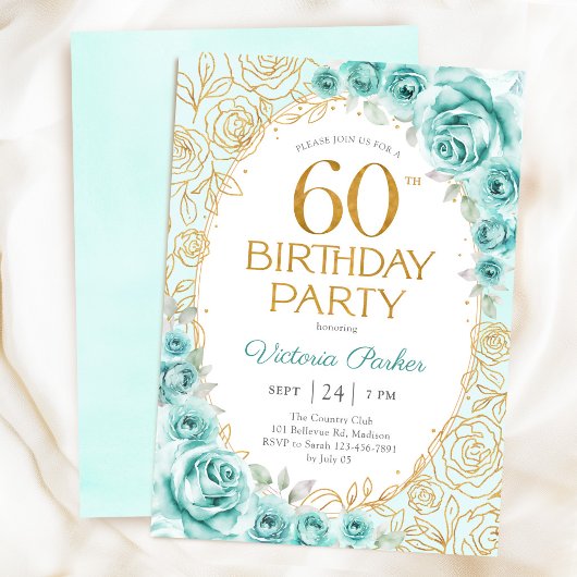 Invitation Fleurs 60 ans Turquoise Or