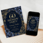 Invitation Fleurs 60e Anniversaire Bleu Nuit Or