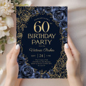 Invitation Fleurs 60e Anniversaire Bleu Nuit Or