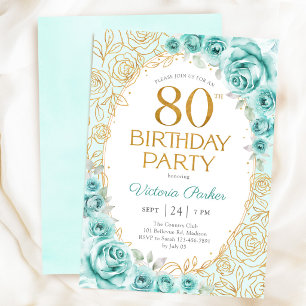 Invitation Fleurs 80e Anniversaire Turquoise Or