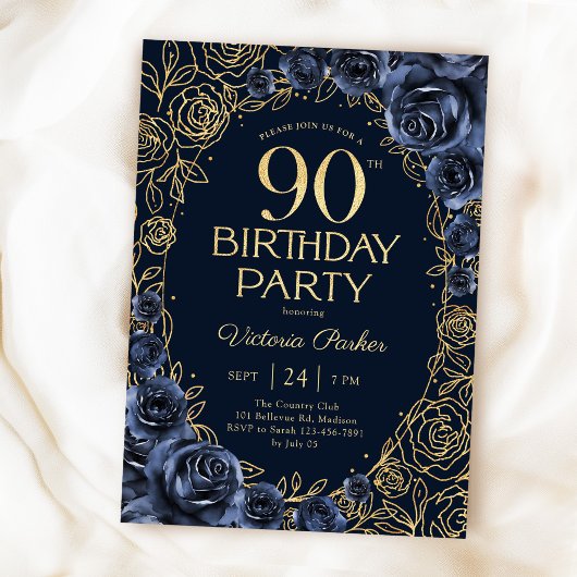 Invitation Fleurs 90e Anniversaire Bleu Nuit Or