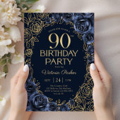 Invitation Fleurs 90e Anniversaire Bleu Nuit Or