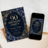 Invitation Fleurs 90e Anniversaire Bleu Nuit Or