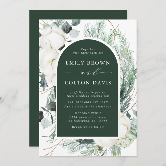 Invitation Fleurs à feuillage persistant et coton Élégant Mar (Devant / Derrière)