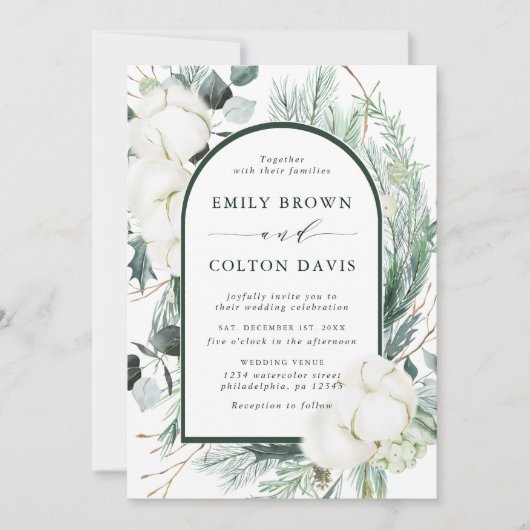 Invitation Fleurs à feuillage persistant et coton Élégante ph (Devant)