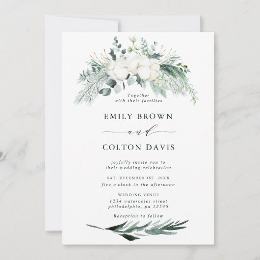 Invitation Fleurs à feuillage persistant et coton Mariage d'a (Devant)