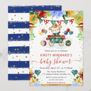 Invitation Fleurs à l'aquarelle Baby Shower Singe