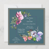 Invitation Fleurs à l'aquarelle bleue-vert et rose (Devant)