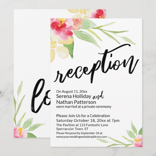 Invitation Fleurs à l'aquarelle & Réception d'écriture manusc (Devant / Derrière)
