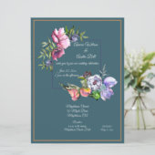 Invitation Fleurs à l'aquarelle sarcelle et rose (Debout devant)