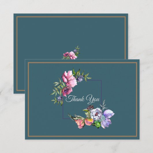 Invitation Fleurs à l'aquarelle sarcelle et rose (Devant / Derrière)