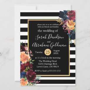 Invitation Fleurs à rayures noires et blanches Mariage Rouge