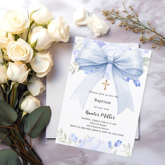 Invitation Fleurs à ruban bleu garçon Baptême