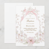 Invitation fleurs à ruban rose cadre Baptême (Devant / Derrière)