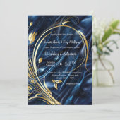 Invitation Fleurs abstraites d'or sur Simmery Blue Silk (Debout devant)
