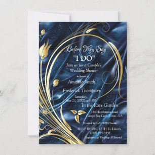 Invitation Fleurs abstraites d'or sur Simmery Blue Silk
