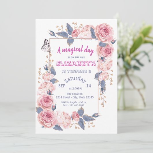 Invitation Fleurs adorables Papillon Anniversaire (Debout devant)