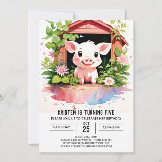 Invitation Fleurs agricoles douces Boho Pig Girl Anniversaire (Devant)